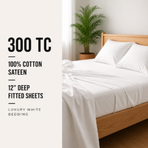 300TC 100% Cotton Sateen Fitted Sheets 12 Deep – Luxury White Bedding