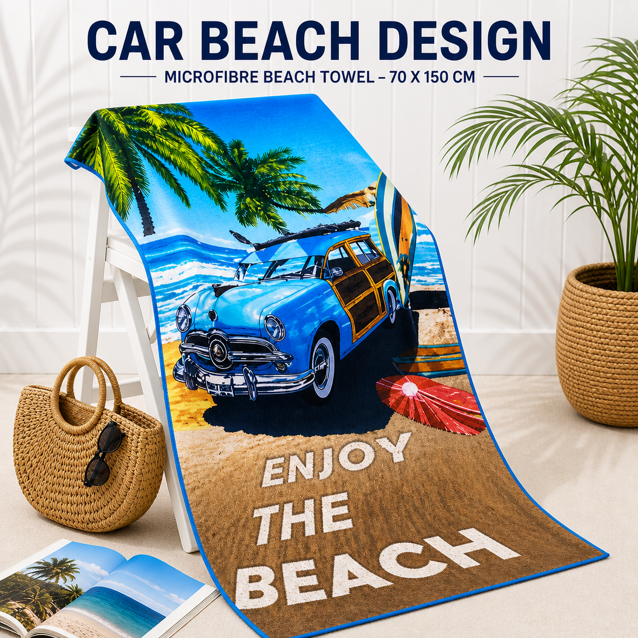 Car Beach Design Microfibre Beach Towel – 70 x 150 cm