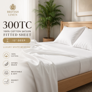 300TC 100% Cotton Sateen Fitted Sheets 12 Deep – Luxury White Bedding