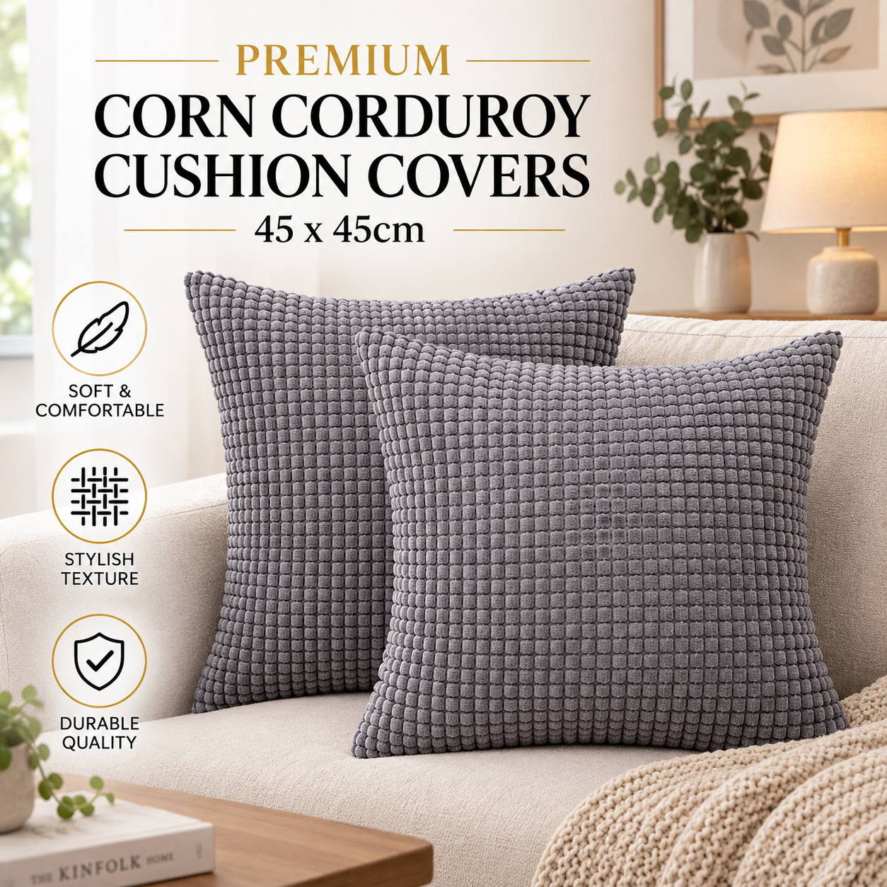 Premium Corn Corduroy Cushion Covers - 45x45cm (Available in more colours)