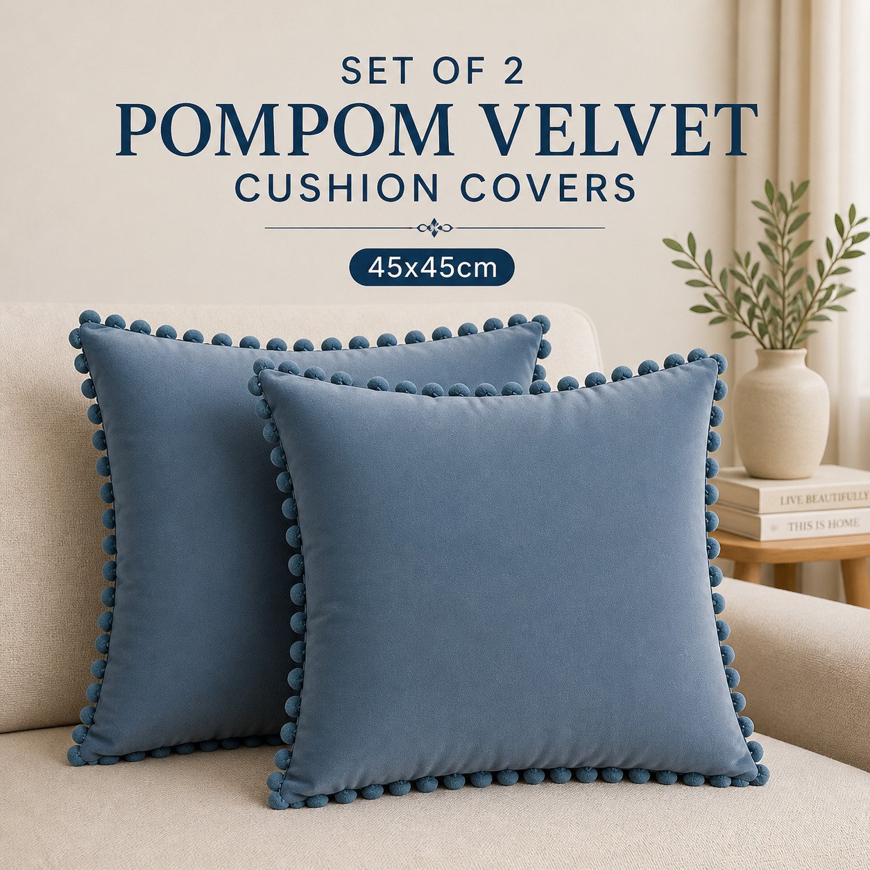 Set of 2 Cushions with Premium Pompom Velvet Cushion Covers Included - 45x45cm (Available in more colours)