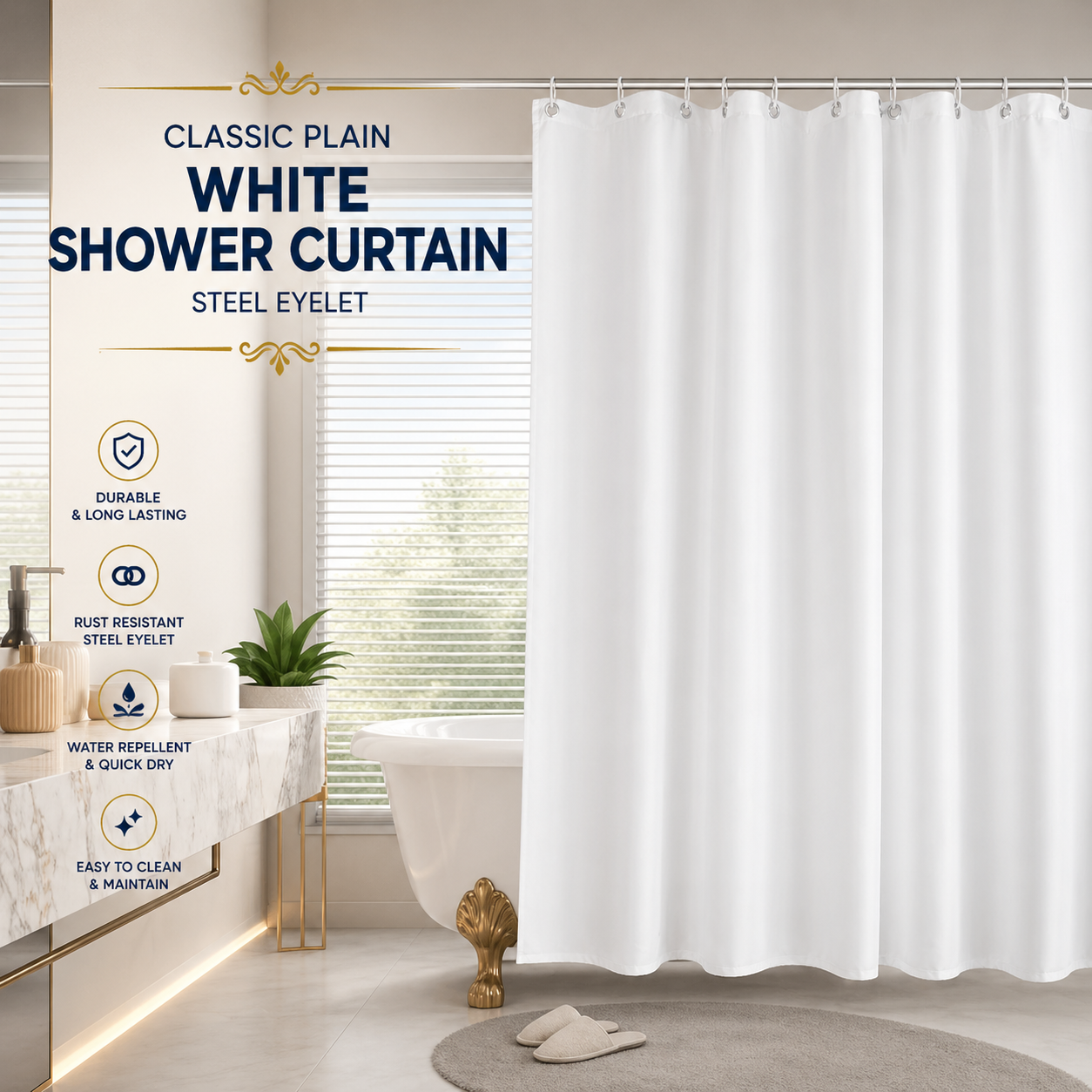 Classic Plain White Shower Curtain - Steel Eyelet