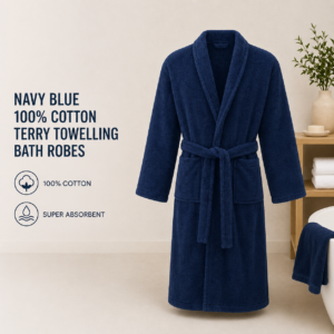 Navy Blue 100% Cotton Terry Towelling Bath Robes