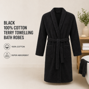 Black 100% Cotton Terry Towelling Bath Robes