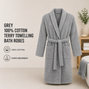 Grey 100% Cotton Terry Towelling Bath Robes