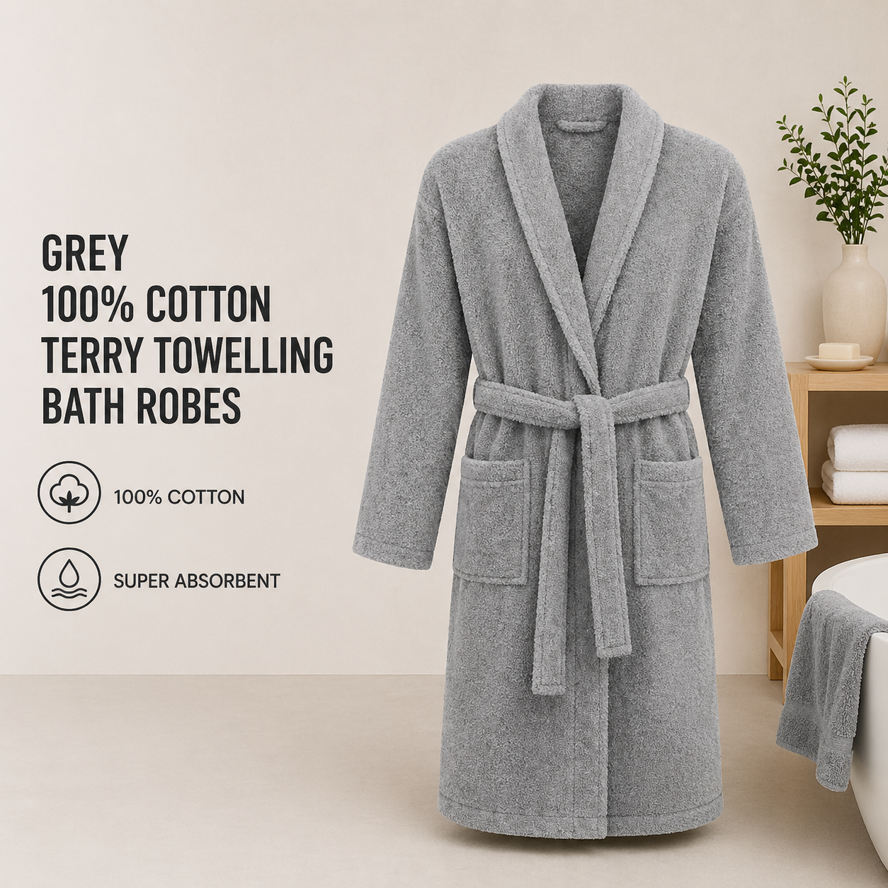 Grey 100% Cotton Terry Towelling Bath Robes