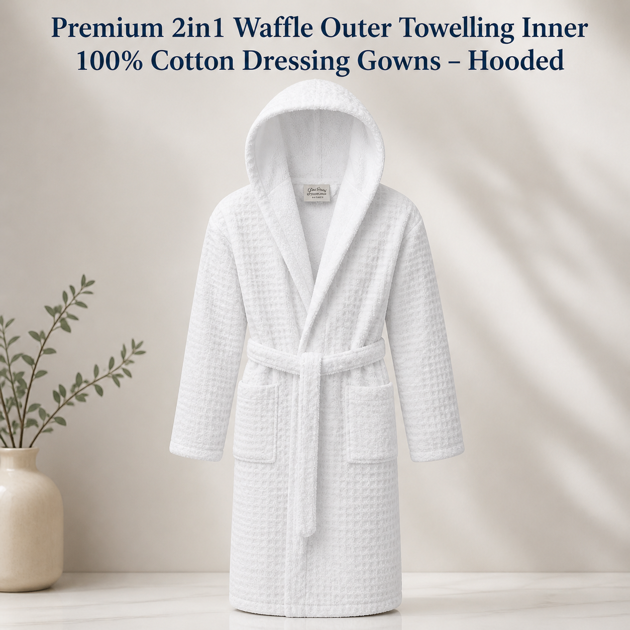 Premium 2in1 'Waffle Outer' 'Towelling Inner' 100% Cotton Dressing Gowns - Hooded