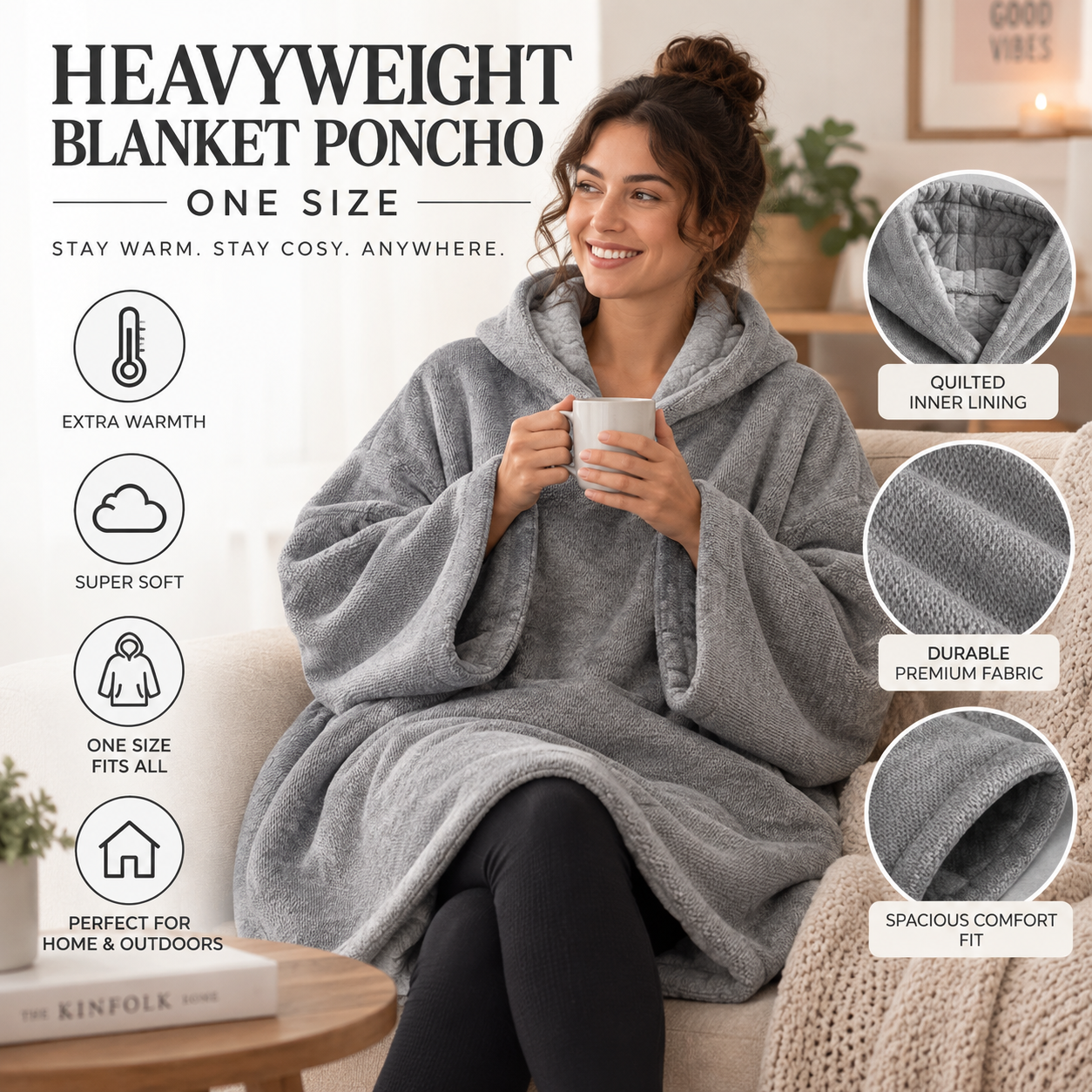 Heavyweight One Size Blanket Poncho - Quilted Inner (Available in more colours)