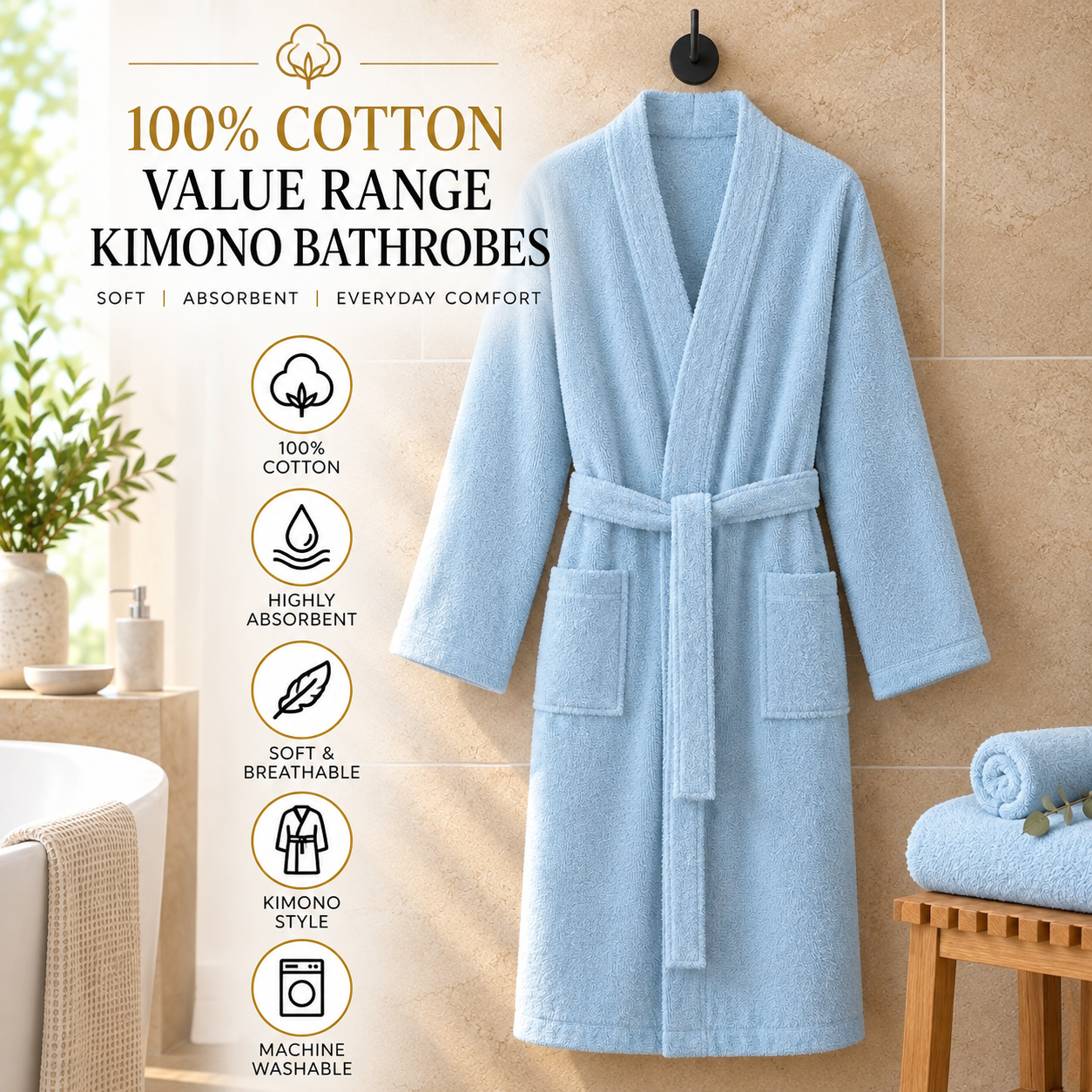 100% Cotton Value Range Kimono Bathrobes (Available in more colours)