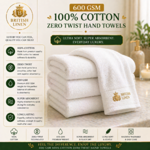 600 GSM 100% Cotton Zero Twist Hand Towels